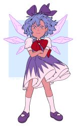 Rule 34 | 1girl, artist name, blue background, blue dress, blue hair, bow, cirno, closed mouth, commentary, crossed arms, dress, english commentary, flat color, full body, hair bow, ice, ice wings, kneehighs, legs apart, looking at viewer, mary janes, pinafore dress, puffy short sleeves, puffy sleeves, purple bow, red bow, rii abrego, shirt, shoes, short hair, short sleeves, sleeveless dress, socks, solo, standing, touhou, two-tone background, white shirt, white socks, wind, wings