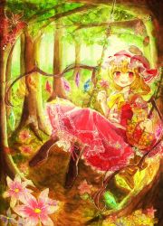 Rule 34 | 1girl, alternate footwear, ascot, bad id, bad pixiv id, basket, blonde hair, blush, boots, bow, fang, flandre scarlet, flower, forest, graphite (medium), hair bow, hat, hat ribbon, highres, lace, lace-trimmed skirt, lace trim, looking at viewer, marker (medium), mob cap, nature, open mouth, painting (medium), red eyes, ribbon, shinonome myoke, short hair, side ponytail, skirt, skirt set, solo, swing, touhou, traditional media, watercolor (medium), wings
