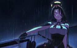 Rule 34 | 1girl, bare shoulders, black gloves, black sky, breasts, capelet, closed mouth, commentary request, dark sky, glaive (polearm), gloves, glowing, glowing eyes, hair intakes, halo, highres, holding, holding weapon, kantai collection, large breasts, lips, mechanical halo, night, outdoors, parted bangs, polearm, purple eyes, purple hair, rain, ribbon, rigging, short hair, sky, sleeveless, solo, standing, tatsuta (kancolle), tatsuta kai ni (kancolle), upper body, wavy hair, weapon, wet, yue (tada no saboten)