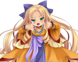 Rule 34 | 1girl, bad id, bad pixiv id, blonde hair, detached sleeves, dress, enjutsu, green eyes, hands on own hips, highres, jewelry, jintosu, koihime musou, leaning forward, long hair, necklace, open mouth, ribbon, sleeves past wrists, solo, very long hair