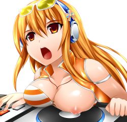 Rule 34 | 1girl, beatmania, beatmania iidx, blazer, blonde hair, breast slip, breasts, cleavage, gameplay mechanics, glasses, headphones, highres, jacket, jewelry, large breasts, long hair, necklace, nipples, one breast out, open mouth, phonograph, puffy nipples, ribbon, solo, sunglasses, turntable, umegiri iroha, yellow eyes, yoshimo