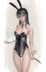 Rule 34 | 1girl, absurdres, animal ears, black eyes, black hair, breasts, cleavage, cowboy shot, fake animal ears, glasses, highres, holding, holding paper, holding quill, kantai collection, leotard, looking at viewer, medium breasts, murasaki-sin, ooyodo (kancolle), painting (medium), pantyhose, paper, playboy bunny, quill, rabbit ears, small breasts, smile, solo, standing, thighs, traditional media, watercolor (medium)