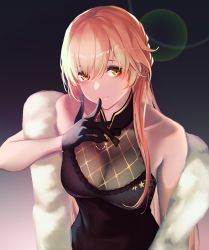 Rule 34 | 1girl, 3 small spiders, absurdres, bare shoulders, black dress, black gloves, blonde hair, breasts, cleavage, closed mouth, collarbone, commentary, dress, feather boa, finger to mouth, girls&#039; frontline, gloves, highres, light blush, long hair, looking at viewer, medium breasts, official alternate costume, orange eyes, ots-14 (girls&#039; frontline), ots-14 (sangria succulent) (girls&#039; frontline), smile, solo, upper body