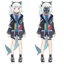 Rule 34 | 1girl, absurdres, alternate costume, animal ear headphones, animal ears, blue eyes, blue hair, blush, cat ear headphones, cat ears, fake animal ears, fins, fish tail, gawr gura, headphones, highres, hololive, hololive english, hood, jacket, looking at viewer, mask, multicolored hair, open mouth, radical highway, shark tail, sharp teeth, smile, solo, streaked hair, tail, teeth, virtual youtuber