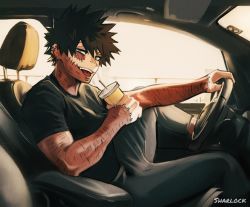 Rule 34 | 1boy, artist name, black hair, blue eyes, boku no hero academia, burn scar, car interior, cheek piercing, dabi (boku no hero academia), drink, driving, highres, holding, holding drink, looking at viewer, male focus, multiple scars, scar, sharl0ck, sitting, solo, spiked hair, staple, stapled, tongue, tongue out