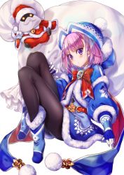 Rule 34 | 1girl, ankh, badge, beanie, black pantyhose, blue coat, blue dress, blue footwear, blue gloves, blue hat, blush, boots, bow, breasts, closed mouth, coat, colonel olcott (fate), dress, fate/grand order, fate/grand order arcade, fate (series), fur-trimmed coat, fur-trimmed dress, fur trim, gloves, hat, helena blavatsky (christmas) (fate), helena blavatsky (fate), highres, kasumi komo, knees up, large bow, long sleeves, looking at viewer, pantyhose, purple eyes, purple hair, red bow, sack, short hair, small breasts, solo