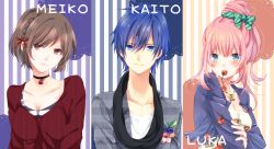 Rule 34 | 1boy, 2girls, alternate costume, bad id, bad pixiv id, berry, black scarf, blue eyes, blue hair, blush, brown eyes, brown hair, character name, cherry, food, food-themed clothes, fruit, highres, jacket, jewelry, kaito (vocaloid), long sleeves, megurine luka, meiko (vocaloid), mouth hold, multiple girls, necklace, red shirt, scarf, shirt, short hair, smile, striped, striped background, upper body, uutan, vertical stripes, vocaloid