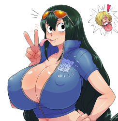 Rule 34 | !, 1girl, artist name, asui tsuyu, black eyes, black hair, blood, blush, boku no hero academia, breasts, cleavage, collarbone, cosplay, covered erect nipples, crossover, frog girl, hand on own hip, highres, huge breasts, jacket, large breasts, long hair, nico robin (cosplay), nosebleed, one piece, pinkkoffin, sanji (one piece), star (symbol), sunglasses on head, tongue, tongue out, v, white background