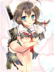 Rule 34 | 10s, 1girl, bad id, bad pixiv id, bariko, between breasts, black panties, blue eyes, braid, breasts, brown hair, cleavage, covering privates, covering breasts, fingerless gloves, gloves, hair ornament, hairclip, kantai collection, medium breasts, neckerchief, panties, red neckerchief, shigure (kancolle), shiny skin, skirt, torn clothes, torn skirt, underwear
