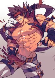 Rule 34 | 1boy, abs, bara, bare pectorals, brown hair, bulge, collaboration, exploding clothes, fingerless gloves, gloves, guilty gear, harness, headband, highres, large pectorals, long hair, male focus, muscular, na insoo, navel, nipples, oneirio, pants, pectorals, ponytail, sol badguy, solo, spiked hair, thick thighs, thighs, white pants, yellow eyes