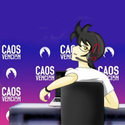 Rule 34 | artist request, black hair, chair, computer, gradient background, headset, laptop, looking at viewer, office chair, self-upload, shirt, short hair, sideways mouth, sitting, solo, source request, swivel chair, white shirt, yellow eyes