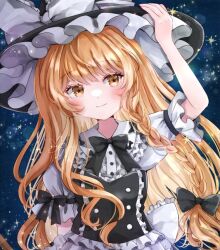 Rule 34 | 1girl, apron, back bow, black bow, black bowtie, black hat, black neckerchief, black vest, blonde hair, blush, bow, bowtie, braid, buttons, center frills, closed mouth, frilled shirt collar, frilled sleeves, frills, hair bow, hand on headwear, hat, hat bow, jaku sono, kirisame marisa, long hair, looking at viewer, neckerchief, puffy short sleeves, puffy sleeves, shirt, short sleeves, sidelocks, single braid, smile, solo, star (symbol), starry background, touhou, upper body, vest, waist apron, white apron, white bow, white shirt, witch hat, yellow eyes