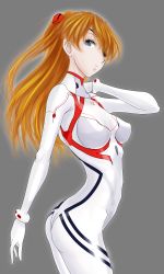 Rule 34 | 1girl, absurdres, artist request, ass, blue eyes, bodysuit, breasts, brown hair, cowboy shot, evangelion: 3.0+1.0 thrice upon a time, expressionless, grey background, hair between eyes, highres, interface headset, long hair, looking at viewer, neon genesis evangelion, pilot suit, plugsuit, rebuild of evangelion, shiny clothes, skin tight, solo, souryuu asuka langley, two side up, very long hair, white bodysuit, wide hips