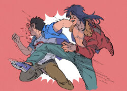 Rule 34 | 2boys, andou mamoru, anger vein, black hair, blood, blue footwear, blue pants, blue shirt, bomber jacket, brown jacket, brown pants, clenched teeth, commentary request, foot out of frame, glasses, highres, in the face, inudori, itou kaiji, jacket, kaiji, kicking, long hair, long sleeves, looking at another, male focus, medium bangs, multiple boys, no shirt, open clothes, open mouth, open shirt, pants, pink background, republic of china flag, shirt, shoes, short hair, simple background, sneakers, south korean flag, teeth, white shirt
