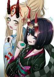 Rule 34 | 2girls, b.d, black kimono, blonde hair, blue kimono, bob cut, breasts, eyeliner, facial mark, fate/grand order, fate (series), floral print, forehead, forehead mark, hair pulled back, headpiece, highres, horn ornament, horn ring, horns, ibaraki douji (fate), japanese clothes, kimono, long hair, long sleeves, looking at viewer, lostroom outfit (fate), makeup, md5 mismatch, multiple girls, obi, oni, open mouth, ponytail, purple eyes, purple hair, resolution mismatch, sash, short hair, shuten douji (fate), shuten douji (lostroom outfit) (fate), sidelocks, skin-covered horns, small breasts, smile, source larger, tattoo, wide sleeves, yellow eyes