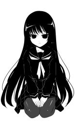 Rule 34 | 1girl, amano issui, expressionless, greyscale, highres, kneeling, long hair, monochrome, original, pantyhose, school uniform, seiza, serafuku, simple background, sitting, solo, v arms, very long hair