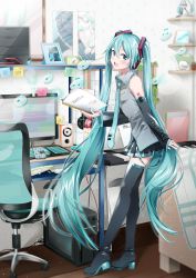Rule 34 | 1girl, absurdres, agonasubi, aqua eyes, aqua hair, bare shoulders, belt, blush, book, chair, clock, commentary, computer, computer tower, desk, detached sleeves, figure, folder, from side, full body, gatebox, hair between eyes, hatsune miku, headphones, highres, holding, holding book, instrument, keyboard (computer), leaning forward, long hair, md5 mismatch, mouse (animal), musical note, necktie, photo (object), piano, picture frame, resolution mismatch, shelf, skirt, smile, solo, source smaller, speaker, spoken musical note, spring onion, standing, sticky note, thighhighs, twintails, very long hair, vocaloid, zettai ryouiki