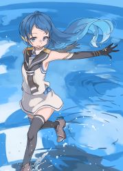 Rule 34 | 1girl, bare shoulders, black gloves, black neckerchief, black thighhighs, blue eyes, blue hair, commentary request, elbow gloves, foot out of frame, gloves, gradient hair, highres, kantai collection, long hair, looking at viewer, multicolored hair, neckerchief, ocean, open mouth, outdoors, outstretched arms, sailor collar, samidare (kancolle), school uniform, serafuku, shirt, skirt, sleeveless, sleeveless shirt, smile, solo, sugue tettou, swept bangs, thighhighs, very long hair, walking, walking on liquid, water, white serafuku, white skirt, zettai ryouiki