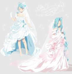Rule 34 | 1girl, ahoge, blue footwear, blue hair, blush, bridal veil, bride, closed eyes, closed mouth, collarbone, dress, earrings, elbow gloves, full body, gloves, granblue fantasy, grey background, hair intakes, high heels, highres, jewelry, long dress, long hair, lyria (granblue fantasy), off-shoulder dress, off shoulder, own hands together, pochi-a, pumps, shiny skin, short hair, sleeveless, sleeveless dress, standing, striped clothes, striped dress, swept bangs, variations, veil, very long hair, wedding, wedding dress, white dress, white gloves