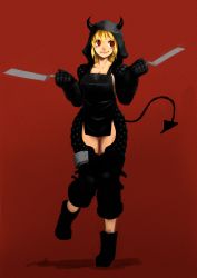 Rule 34 | 1girl, absurdres, apron, blonde hair, boots, breasts, chaps, cleavage, demon tail, dorohedoro, dual wielding, full body, highres, holding, hood, horns, long hair, medium breasts, nikaidou (dorohedoro), red background, red eyes, simple background, smile, solo, spatula, standing, standing on one leg, tail, toliuchi