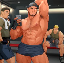 Rule 34 | 3boys, abs, arm behind head, arm hair, armpit hair, armpits, backwards hat, bara, baseball cap, beard, black hair, blue shorts, bulge, chest hair, dark-skinned male, dark skin, dolphin shorts, dumbbell, exercising, facial hair, green tank top, gym, hairy, hat, highres, holding, holding phone, indoors, large pectorals, leg hair, looking at another, male focus, mature male, multiple boys, muscular, muscular male, navel, nipples, original, paid reward available, pectorals, phone, pubic hair, pubic hair peek, sakuramarusan, selfie, short hair, short shorts, shorts, sitting, smirk, smug, standing, stomach, sweatdrop, tank top, thick eyebrows, thick thighs, thighs, topless male, towel, towel around neck, undercut, weightlifting