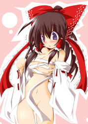 Rule 34 | 1girl, blush, bottomless, bow, breasts, brown hair, censored, convenient censoring, detached sleeves, eyebrows, female focus, hair tubes, hakurei reimu, navel, off shoulder, open clothes, open mouth, purple eyes, sarashi, shirogane (platinum), small breasts, solo, touhou