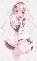 Rule 34 | 1girl, amedamacon, apron, black dress, blush, braid, breasts, closed mouth, commentary request, dress, frilled apron, frilled dress, frills, full body, grey background, grey hair, hair between eyes, hand up, heart, highres, holding, jpeg artifacts, long hair, looking at viewer, maid, maid headdress, no shoes, original, puffy short sleeves, puffy sleeves, red eyes, short sleeves, simple background, small breasts, smile, solo, thighhighs, twintails, upper body, very long hair, white apron, white thighhighs, wrist cuffs