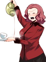 Rule 34 | 10s, 1girl, bad id, bad pixiv id, black skirt, blush, breasts, burning, cowboy shot, cup, decantering, closed eyes, failure, girls und panzer, holding, holding saucer, hot, jacket, long sleeves, pain, pink hair, pouring, red jacket, rosehip (girls und panzer), saliva, saucer, screaming, short hair, simple background, skirt, solo, st. gloriana&#039;s military uniform, steam, takato kurosuke, tea, teacup, teapot, teeth, white background