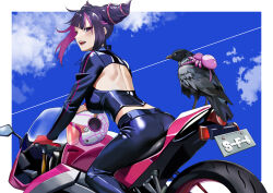 1girl absurdres alternate_costume back_cutout backpack bag bird blue_sky border clothing_cutout cloud commentary fingerless_gloves gloves hair_horns han_juri highres motor_vehicle motorcycle multicolored_hair on_motorcycle red_gloves sky spider_web_print street_fighter street_fighter_6 two-tone_hair white_border yagi_(joe731842)