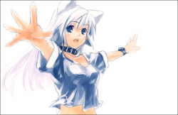 Rule 34 | 1girl, animal ears, blue eyes, border, cat ears, cat girl, collar, open mouth, outstretched arms, refeia, simple background, solo, spread arms, watch, white background, white hair, wristwatch