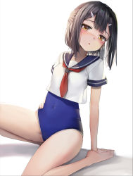 Rule 34 | 1girl, alternate costume, arm support, bare arms, bare legs, barefoot, black hair, blue one-piece swimsuit, blue sailor collar, blush, brown eyes, competition school swimsuit, covered navel, fate/kaleid liner prisma illya, fate (series), hair ornament, half updo, hand on own hip, head tilt, knee up, looking at viewer, miyu edelfelt, neckerchief, nose blush, one-piece swimsuit, red neckerchief, sailor collar, school swimsuit, school uniform, serafuku, shirt, short hair, short sleeves, simple background, sitting, solo, sunga2usagi, swimsuit, swimsuit under clothes, white background, white shirt