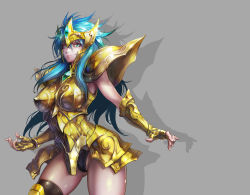Rule 34 | 1girl, absurdres, aqua hair, aquarius camus, armor, black panties, black thighhighs, blue hair, breastplate, breasts, commentary, contrapposto, forehead protector, gauntlets, gem, gluteal fold, gold armor, gold saint, grey background, highres, jay b lee, large breasts, long hair, looking at viewer, mole, mole under eye, panties, saint seiya, shoulder armor, single thighhigh, skindentation, solo, thighhighs, underwear