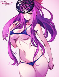 Rule 34 | 1girl, 2023, alternate costume, artist name, bikini, blue bikini, breasts, cleavage, closed mouth, commentary, dated, english commentary, fascinator, female focus, fire emblem, fire emblem engage, hair ornament, ivy (fire emblem), large breasts, lips, long hair, looking at viewer, matching hair/eyes, micro bikini, mina cream, mole, mole under mouth, navel, nintendo, pink lips, purple eyes, purple hair, simple background, solo, stomach, swimsuit, thighs, underboob, very long hair