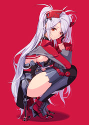 Rule 34 | 1girl, azumi akitake, azur lane, breasts, commentary request, full body, hair ornament, highres, iron blood (emblem), large breasts, long hair, looking at viewer, mole, mole on breast, orange eyes, prinz eugen (azur lane), red background, shoes, sideboob, solo, squatting, thighs, twintails, white hair