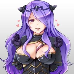 Rule 34 | 1girl, armor, between breasts, breasts, camilla (fire emblem), circlet, cleavage, clenched hands, fire emblem, fire emblem fates, gradient background, hair over one eye, heart, large breasts, long hair, looking at viewer, mutsuki yui, nintendo, purple eyes, purple hair, smile, solo, strap, upper body