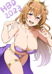Rule 34 | 1girl, absurdres, arms up, bare shoulders, birthday, blush, breasts, brown hair, butterfly (love live!), cleavage, collarbone, commentary, crown, earrings, hair between eyes, happy birthday, harem outfit, highres, jewelry, konoe kanata, large breasts, limelam06, long hair, looking at viewer, love live!, love live! nijigasaki high school idol club, midriff, navel, open mouth, purple eyes, purple sarong, round teeth, sarong, sidelocks, simple background, skindentation, smile, solo, stomach, teeth, tongue, upper teeth only, wavy hair, white background