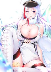 Rule 34 | 1girl, absurdres, azur lane, bare shoulders, blush, breasts, cleavage, collarbone, commentary, dress, finger to mouth, fur scarf, hat, highres, large breasts, long hair, looking at viewer, manjuu (azur lane), military hat, mole, mole on breast, multicolored hair, nail polish, orange eyes, origami aya, red hair, red nails, short dress, silver hair, sitting, sleeveless, sleeveless dress, smile, solo, streaked hair, tallinn (azur lane), thighhighs, white dress, white thighhighs