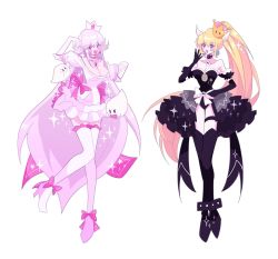 Rule 34 | 2girls, 2others, bare shoulders, black footwear, black leotard, black skirt, blonde hair, blush, boo (mario), bow, bowsette, breasts, brooch, cleavage, earrings, elbow gloves, floating, full body, ghosts, gloves, hand to own mouth, high heels, highres, horns, jewelry, leotard, long hair, looking at viewer, luigi&#039;s mansion, mario (series), meowwniz, multiple girls, multiple others, necklace, nintendo, open mouth, pink bow, princess king boo, skirt, skull necklace, smile, super crown, thighhighs, very long hair, white hair, white skirt, zettai ryouiki