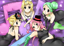 Rule 34 | 4girls, blonde hair, colorized, don&#039;t say &quot;lazy&quot;, fira yuki, green hair, hatsune miku, k-on!, kagamine len, kagamine rin, long hair, looking at viewer, megurine luka, multiple girls, pantyhose, parody, short hair, smile, vocaloid