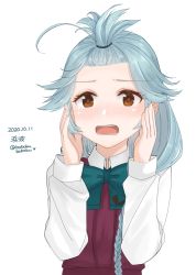 Rule 34 | 1girl, ahoge, bobokuboboku, braid, brown eyes, character name, commentary request, dated, dress, embarrassed, grey hair, hair over eyes, hamanami (kancolle), highres, kantai collection, long hair, long sleeves, looking at viewer, one-hour drawing challenge, pleated dress, purple dress, school uniform, shirt, simple background, single braid, solo, topknot, twitter username, upper body, white background, white shirt