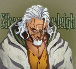 Rule 34 | 1boy, beard, character name, cloak, corey miller, facial hair, glasses, green background, looking at viewer, male focus, one piece, open collar, scar, shirt, silvers rayleigh, simple background, smile, solo, white hair, yellow shirt