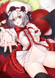 Rule 34 | 1girl, alternate costume, bat wings, black thighhighs, bow, frilled skirt, frills, hat, hat ribbon, heart, heart-shaped pillow, looking at viewer, lowleg, lying, mob cap, navel, on back, outstretched arm, panties, pillow, red bow, red eyes, remilia scarlet, ribbon, short hair, silver hair, skirt, solo, thighhighs, touhou, underwear, utakata (kochou no yume), white panties, wings, wrist cuffs