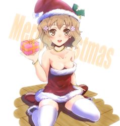 Rule 34 | 10s, 1girl, bare shoulders, bell, blush, boots, borubikku, bracelet, breasts, brown eyes, brown hair, christmas, cleavage, collarbone, flower, gift, hair flower, hair ornament, hanasaku iroha, hat, holding, holding gift, jewelry, large breasts, looking at viewer, matsumae ohana, merry christmas, necklace, open mouth, santa costume, santa hat, sitting, solo, thighhighs, wariza, white thighhighs