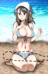Rule 34 | 10s, 1girl, barefoot, beach, bikini, black eyes, black hair, blue bikini, blue hat, breasts, cleavage, commentary request, day, flustered, flying sweatdrops, front-tie bikini top, front-tie top, full body, girls und panzer, hand on own chest, hat, highres, large breasts, light frown, long hair, mika (girls und panzer), motion lines, nakahira guy, navel, no kantele, ocean, outdoors, outline, parted lips, seiza, sitting, solo, striped bikini, striped clothes, sweatdrop, swimsuit, vertical-striped bikini, vertical-striped clothes