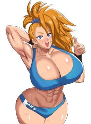 Rule 34 | 1girl, abs, absurdres, blue eyes, breasts, captain mizuki, earrings, hair ornament, hair scrunchie, highres, huge breasts, hyenahonk, jewelry, one-punch man, orange hair, scrunchie, solo, thick thighs, thighs, thumbs up, wide hips