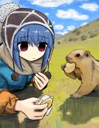 Rule 34 | 1girl, animal, beanie, blue hair, blue sky, bubbacterial, closed mouth, cloud, day, eating, food, grass, hair between eyes, hat, highres, holding, holding food, long sleeves, lying, on stomach, outdoors, pom pom (clothes), red eyes, shima rin, sky, sweat, yurucamp