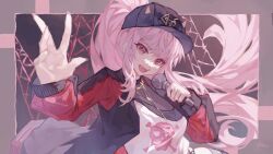 1girl artist_name baseball_cap commentary fangs hat highres holding holding_microphone hololive hololive_english jacket long_hair microphone mori_calliope mori_calliope_(streetwear) pink_eyes pink_hair ponytail red_jacket skull_print symbol-only_commentary virtual_youtuber ytyutiktv