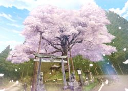 Rule 34 | absurdres, blue sky, branch, cherry blossoms, cloud, cloudy sky, commentary request, day, falling leaves, fence, forest, grass, highres, huge filesize, leaf, mahiro (mahiroht), nature, no humans, original, outdoors, path, plant, road, road sign, scenery, shrine, sign, sky, stairs, statue, torii, tree, wind