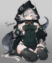 Rule 34 | 1girl, ahoge, antenna hair, arknights, black thighhighs, breasts, closed mouth, clothing cutout, crocodilian tail, detached sleeves, expressionless, flower, gogoco, gradient background, grey hair, hair between eyes, hand on thigh, highres, hood, hood up, large breasts, lizard tail, long hair, multicolored hair, navel, no shoes, pointy ears, seiza, shoulder cutout, sidelocks, sitting, solo, streaked hair, tail, thighhighs, thighs, tomimi (arknights), torn clothes, torn thighhighs, very long hair, white flower, white hair, yellow eyes