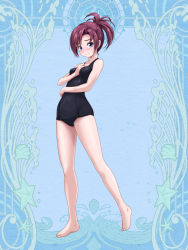 Rule 34 | 1girl, barefoot, black one-piece swimsuit, blue background, blue eyes, blush, breasts, collarbone, commentary request, contrapposto, covered navel, dairoku ryouhei, floral background, full body, hair intakes, hand on own chest, long hair, looking at viewer, old school swimsuit, one-piece swimsuit, ponytail, purple hair, rohitsuka, saki einhieral, school swimsuit, small breasts, solo, standing, swimsuit, toes, wavy mouth